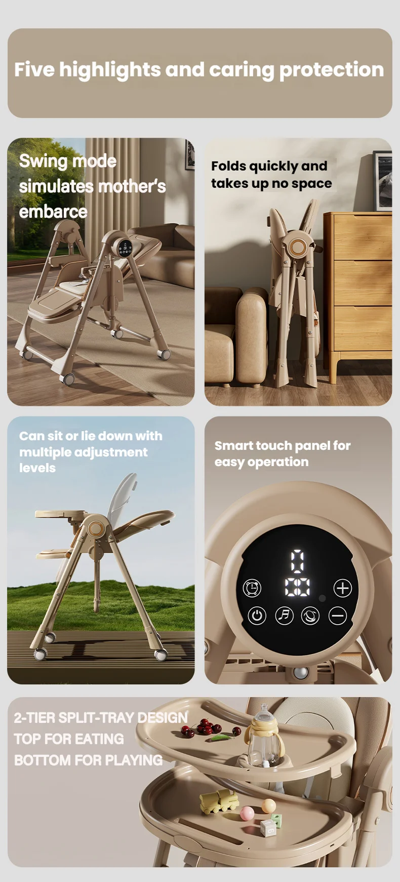 Infant High Chair with Electric Swing Mode, Multi-Level Adjustable Recline for Sleeping/Eating, Removable Cushion, Anti-Standing