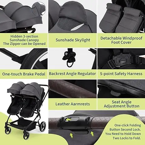 Double Stroller for Newborn and Toddler, Tandem Strollers with Lightweight Compact Fold, Adjustable Cancline for Twins Infant