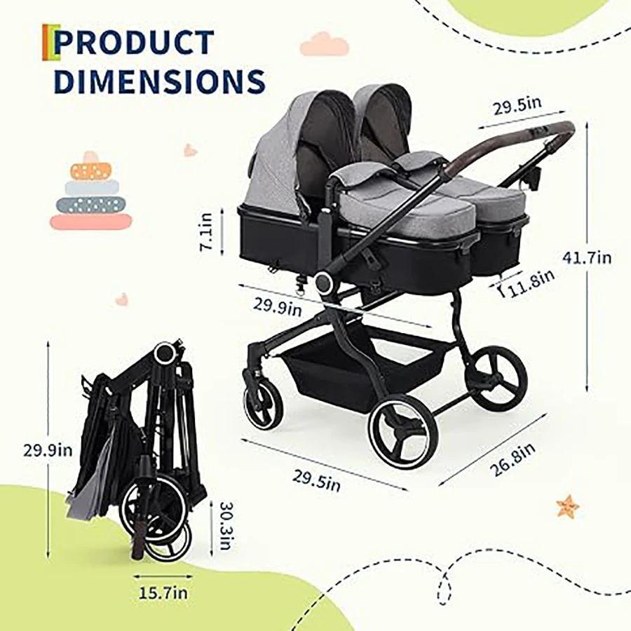 Double Stroller for Newborn and Toddler, Tandem Strollers with Lightweight Compact Fold, Adjustable Cancline for Twins Infant