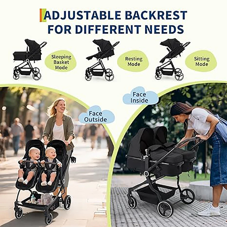 Double Stroller for Newborn and Toddler, Tandem Strollers with Lightweight Compact Fold, Adjustable Cancline for Twins Infant